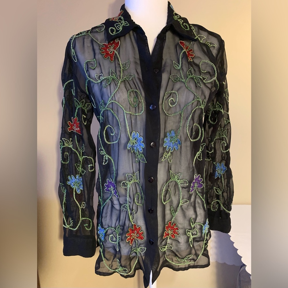 EUC Sheer Button-Up: Black w Embroidered Floral Tunic-Length, Coldwater Creek PS